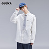 GUUKA拼接假领带长袖衬衫男秋季 学院风不规则口袋白色衬衣宽松