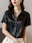 黑色衬衫女高级感2024短袖，醋酸缎面复古职业高端气质丝绸衬衣