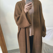 宽松慵懒中长款毛衣外套，女冬季粗毛线，加厚针织开衫喇叭袖秋季