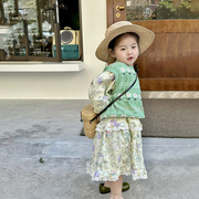 韩国童装女童2024春夏洋气绿色绣花针织衫碎花连衣裙儿童长裙套装