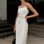 instahot设计感露背白色，吊带裙女ins欧美风，高级感系带气质连衣裙