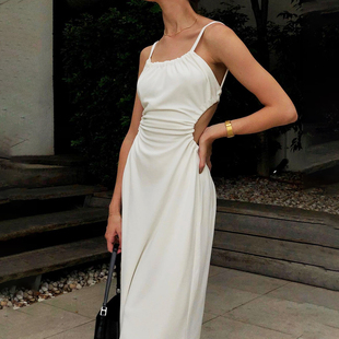 instahot 设计感露背白色吊带裙女ins欧美风高级感系带气质连衣裙