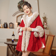 红色小个子旗袍斗篷披肩外套，女连帽冬季加绒加厚毛领边蝙蝠袖大衣