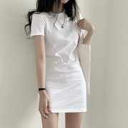韩国chic春夏简约纯色修身中长款圆领短袖t恤连衣裙女包臀短裙子