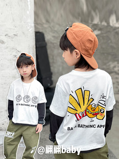 23秋季日系潮男儿童上装休闲纯棉卡通薯条汉堡假两件长袖T恤