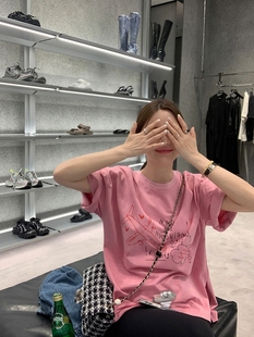 韩系印花粉色短袖t恤女夏季洋气减龄宽松体恤显瘦上衣设计感小众