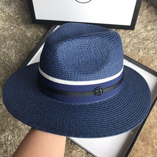 夏季草帽深蓝色平顶礼帽出游逛街凹造型遮阳防晒巴拿马帽子女
