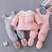 婴儿薄棉衣套装三件套秋冬季外穿0-3-6-12个月新出生婴儿衣服纯棉