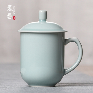 龙泉青瓷杯茶杯个人专用男女泡茶带盖带把手家用水杯办公室礼盒