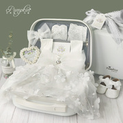 婴儿礼盒白色蕾丝公主礼服裙子纯棉套装女宝宝百天周岁生日送礼物