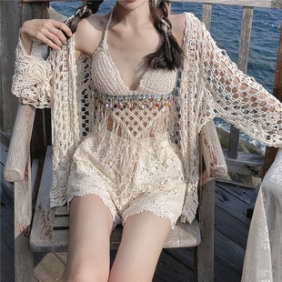 泰国海边三件套沙滩短款防晒外套度假露背系带挂脖镂空针织吊带女