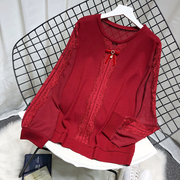 雪纺袖拼接t恤长袖，女红色上衣秋季圆领，宽松洋气遮肚子中年打底衫