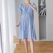 小个子孕妇连衣裙蓝色清新v领夏季短款茶歇裙气质褶皱显瘦款