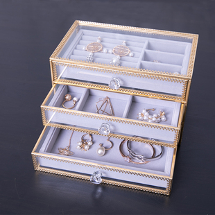 欧式抽屉式金边饰品，首饰盒玻璃耳环耳钉戒指项链，珠宝收纳盒防尘
