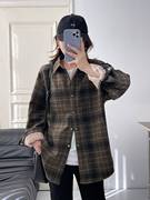 复古磨毛加绒加厚格子衬衫，女2023秋冬季韩版休闲衬衣保暖外套