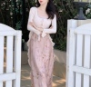 新中式温柔风国风粉色印花连衣裙+荷叶边杏色开衫两件套套装女春
