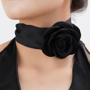 玫瑰花颈链choker项圈花朵法式脖子自由打结绑带颈花女项链黑色
