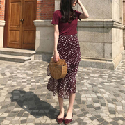 波点雪纺半身裙女夏季韩国复古优雅气质百搭显瘦一步包臀两件套装