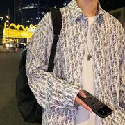 日系长袖衬衫男春秋韩版高级感几何，印花休闲衬衣潮牌宽松大码外套
