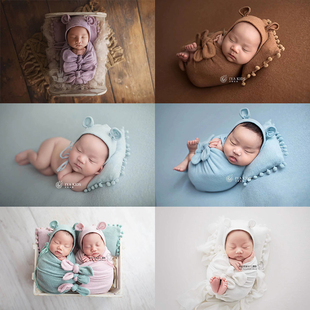 新生儿满月花式包裹摄影拍照五件套帽子道具背景裹布枕头组合多色