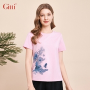 Gitti/吉蒂水墨印花圆领T恤女立体刺绣棉大码短袖上衣 G241807