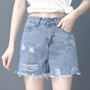 破洞牛仔短裤女2024夏季直筒毛边裤子浅色高腰薄款小个子热裤