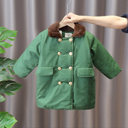 儿童军棉大衣绿色加绒加厚中长款棉袄男女童宝宝冬季复古棉服外套