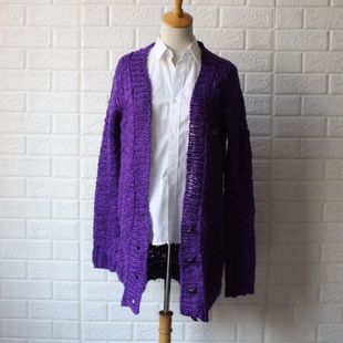 外贸原单针织开衫中长款女士毛衣，外套宽松版提花紫色v领长袖通勒
