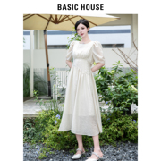 Basic House/百家好气质蓝色连衣裙女春装温柔风收腰裙子