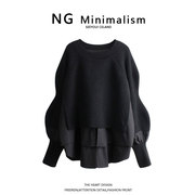 ngminimalism2022年拼接假两件针织衫女圆领，宽松套头长袖毛衣女(毛衣女)
