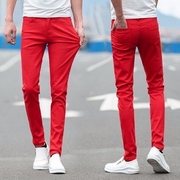 男装牛仔裤个性红色裤子，时尚网红修身长裤中腰弹力，潮流小脚直筒裤