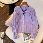 香芋紫衬衫长袖2024春季法式复古娃娃领蝴蝶结荷叶边L喇叭袖上衣