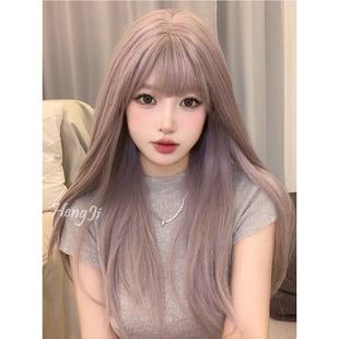 哼唧网红假发女长发韩式女团，发型中分中长发紫灰色全头套彩色假发
