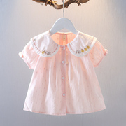 童装女宝宝夏装短袖，衬衫3岁女童娃娃领薄款衣服，婴幼儿粉色上衣潮