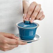 高档菲典森三才盖碗茶杯，陶瓷霁蓝釉手工，大号单个泡茶碗家用功夫茶
