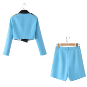 2023夏季外贸女装zaura欧美风短款工装西装外套，+蓝色短裤套装