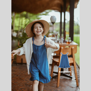 史豌豆(史豌豆)童装女童，蓝色吊带连体裤，2024夏季洋气儿童时髦休闲短裤