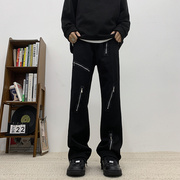 拉链设计牛仔裤男直筒宽松美式高街堆积感休闲裤黑色微喇宽松长裤
