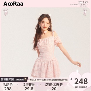 AooRaa原创设计 甜心少女粉色花边灯笼袖连衣裙蕾丝花边吊带裙