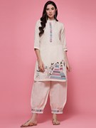 印度服装女民族风情纯棉2件套刺绣灯笼裤套装小立领 米色