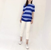 外贸女 长青树式 J003  减龄显白蓝条纹 全棉中长款针织T恤~A1300