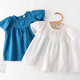 女童短袖娃娃衫夏季洋气小衫儿童飞袖衬衫薄款棉麻上衣白衬衣