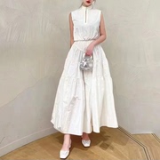 白色连衣裙2024春夏纯棉立领珍珠，扣修身显瘦长款大摆仙女长裙