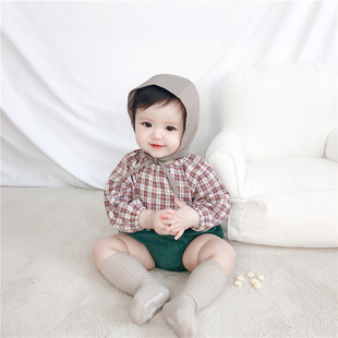 ins2023秋季韩国婴儿洋气格子娃娃衫，上衣+大pp南瓜面包裤宝宝套装