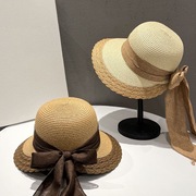 草帽女夏天防紫外线太阳帽可折叠韩版百搭可扎马尾宽檐遮阳帽