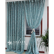 粘贴窗帘布料简约地中海亚麻纱客厅落地窗蓝色，成品免打孔