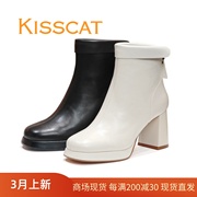 KISSCAT接吻猫2023圆头羊皮防水台粗跟高跟女短靴子KA43536-12