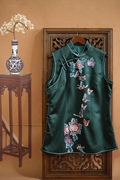 中国风复古墨绿色真丝手工苏绣牡丹蝴蝶旗袍外套上衣修身显瘦马甲