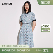LANDI蓝地撞色Polo领印花连衣裙女2023年夏季收腰短袖裙子