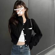 日系慵懒风短款黑色针织开衫外套女春秋季2024设计感气质上衣